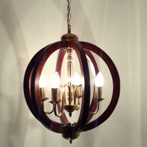 Wooden cage brass chandelier, 4 brass candle arms, mod. Cbcage4