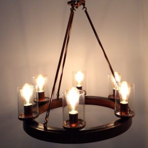 Vintage wooden chandelier, 6 glass lamp holder, rustic round chandelier mod. Cw6