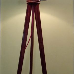 Wooden Tripod floor lamp, brass lamp holder, grey lampshade mod. Fewgrey