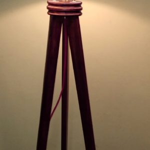 Wooden Tripod floor lamp, brass lamp holder, blue lampshade mod. Fewblue