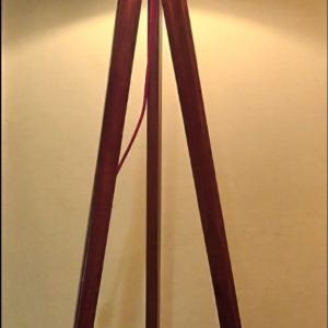 Wooden Tripod floor lamp, brass lamp holder, red wine lampshade mod. Fewred