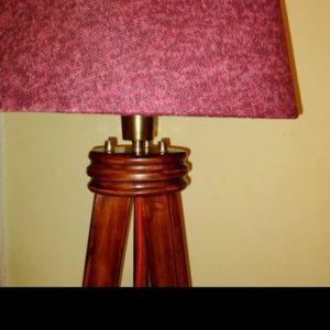 Wooden Tripod floor lamp, brass lamp holder, red wine lampshade mod. Fewred