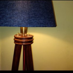 Wooden Tripod floor lamp, brass lamp holder, blue lampshade mod. Fewblue