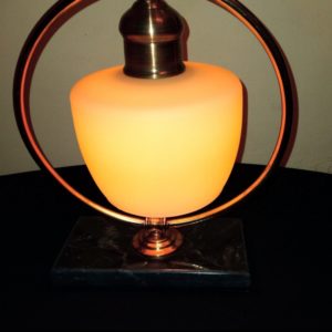 hand made brass table lamp , black marble base , golden round lamp, yellow glass bell mod. Teb701